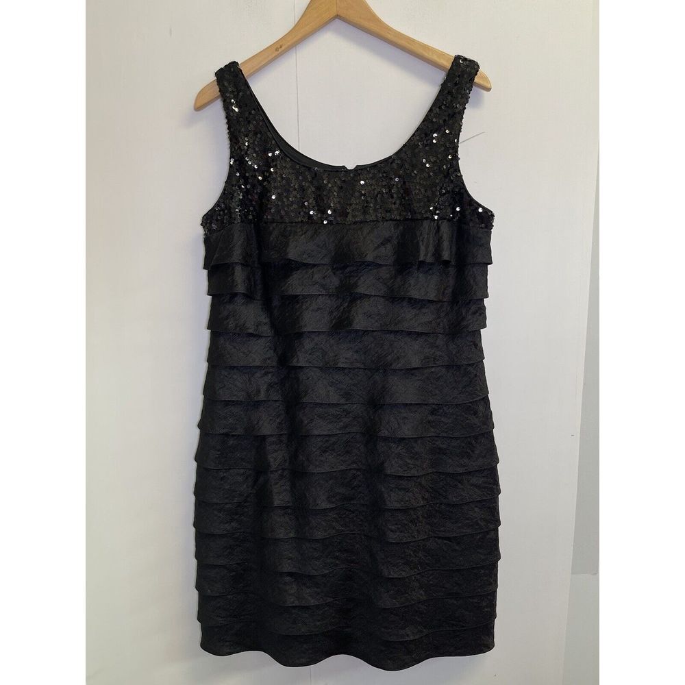 Jessica Howard Women's Size 14 Sequin Neck Tiered Layered Dress Black Sleeveless